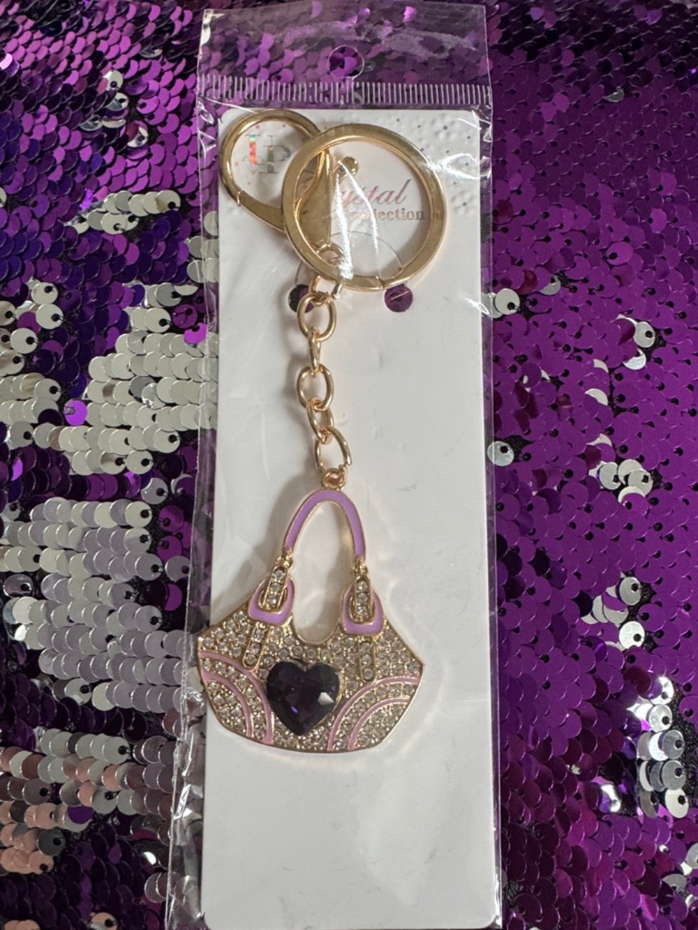 Gold-tone Purple Crystal Purse Keychain with Purple Heart